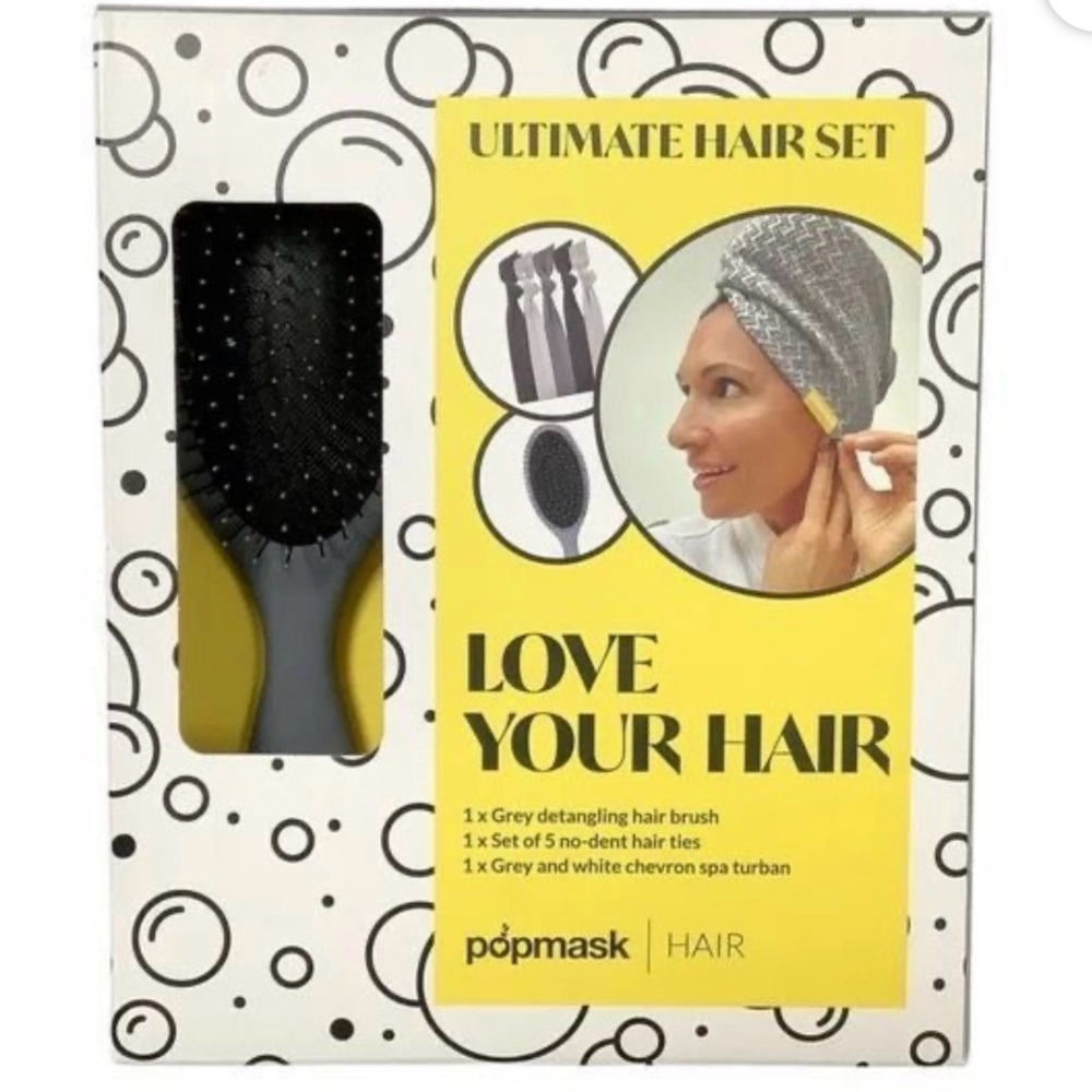 Popmask Ultimate Hair Set Detangling Hair Brush Turban Hair Ties Grey